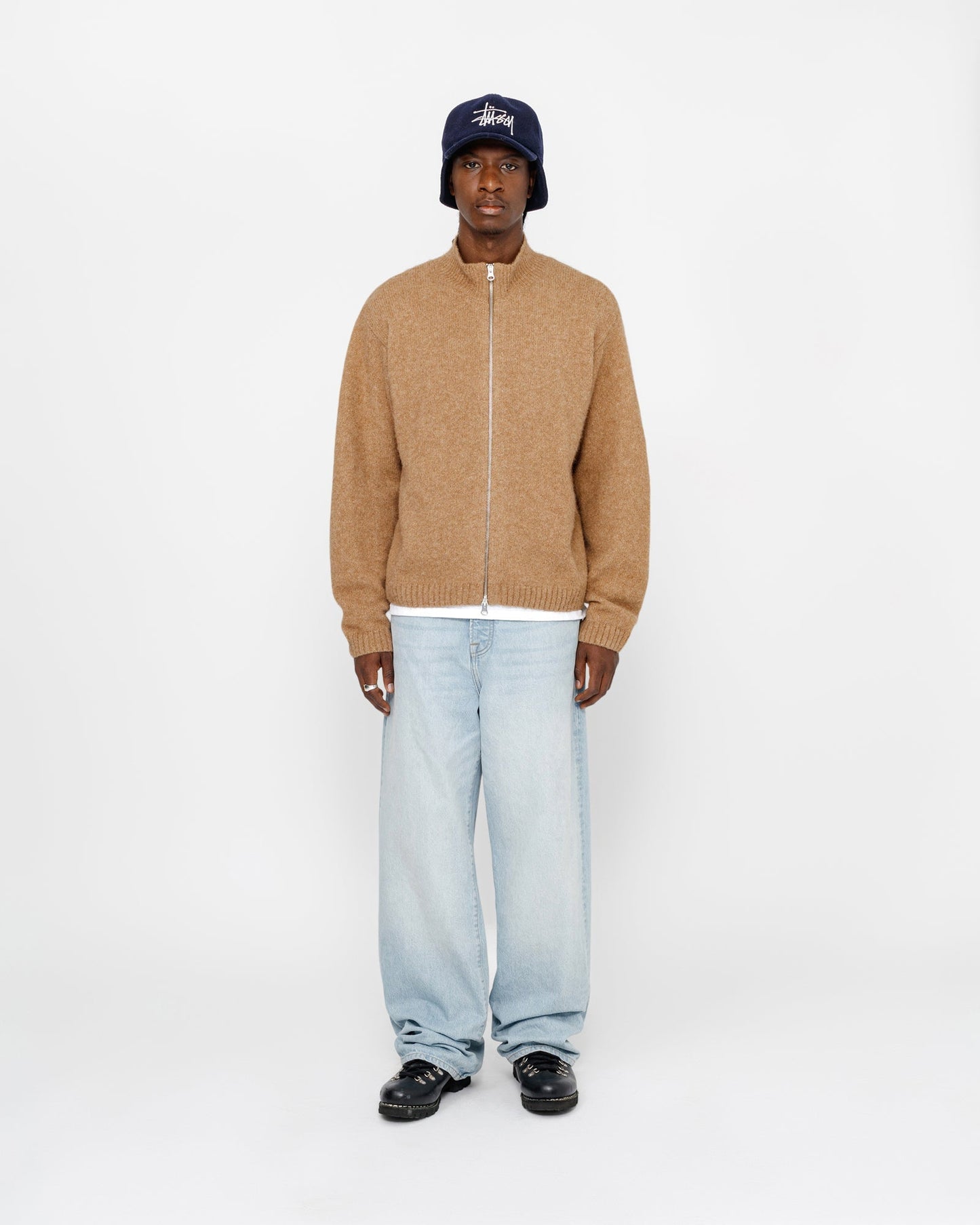 Pull en mérinos brossé, entièrement zippé