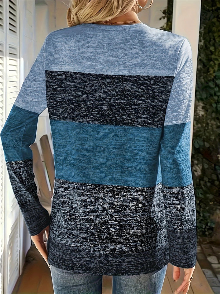T-shirts décontractés à manches longues et col en V de couleur contrastante pour femmes taille plus