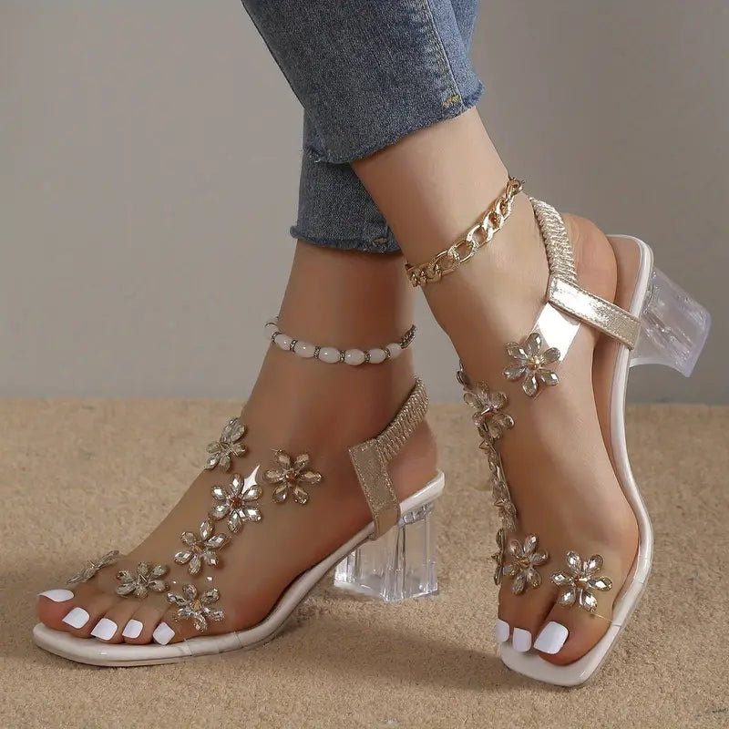 🔥 Dernière journée promotionnelle, 50 % de rabais - Sandales à talons carrés pour femmes avec strass et fleurs